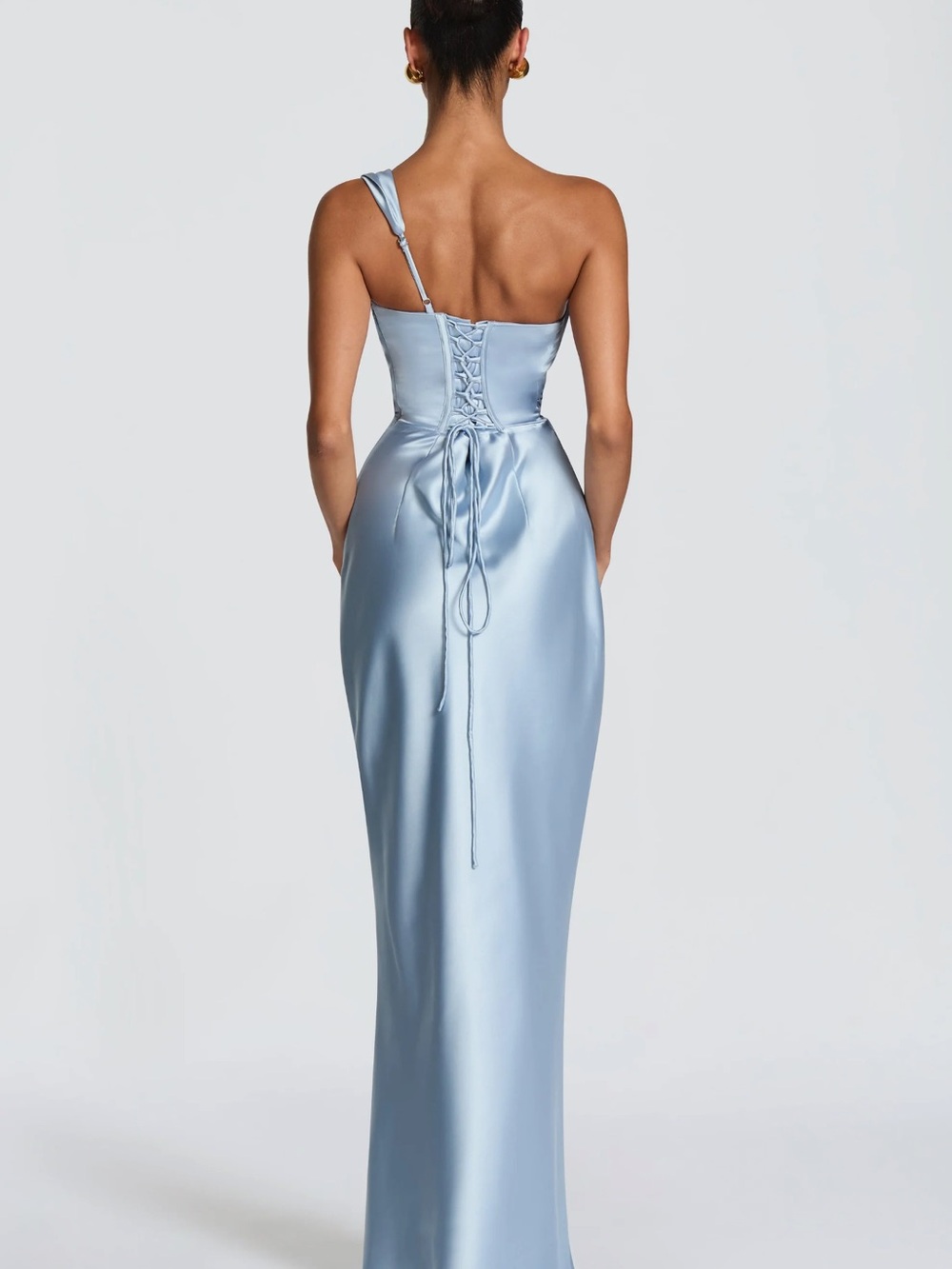 Draped One-Shoulder Satin Gown in Pale Blue - Picture 2 of 3